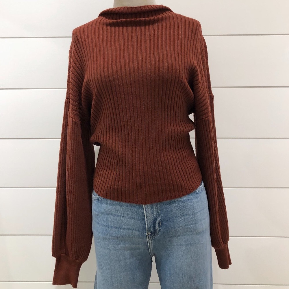 Rust Mock Neck Ribbed Sweater with Blouson Sleeve